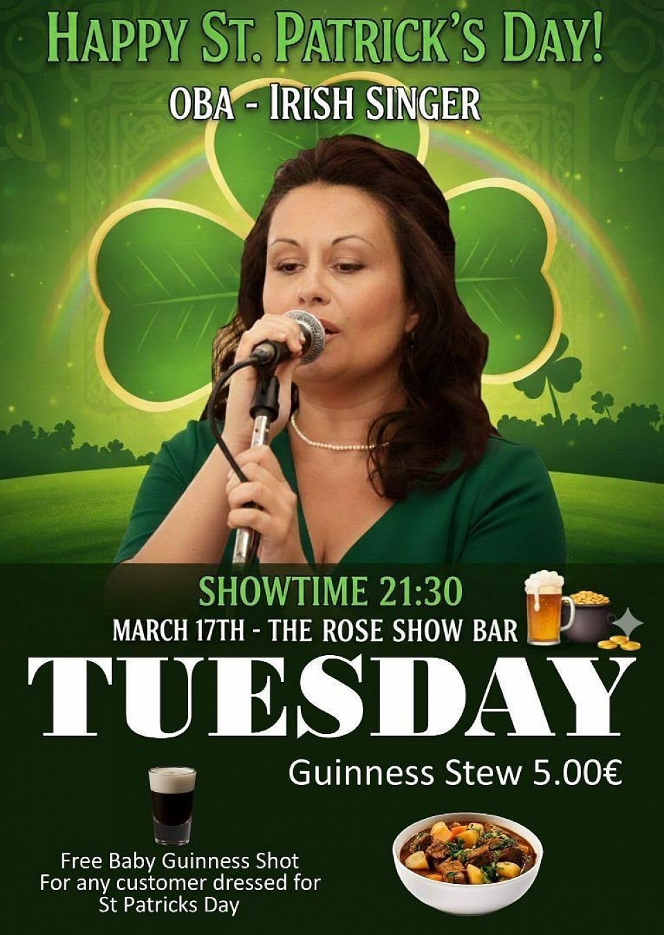 This is a night not to be missed! The bar will be decorated and the staff dressed for St Patrick's day. OBA is without a doubt one of the best Irish singers in Gran Canaria so come along and join us for an amazing night. 🍀
